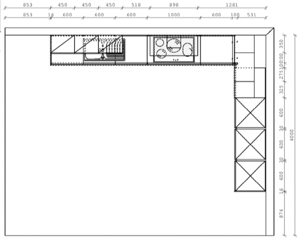 Schüller moderne L-Küche mit Wangenregal Grundriss