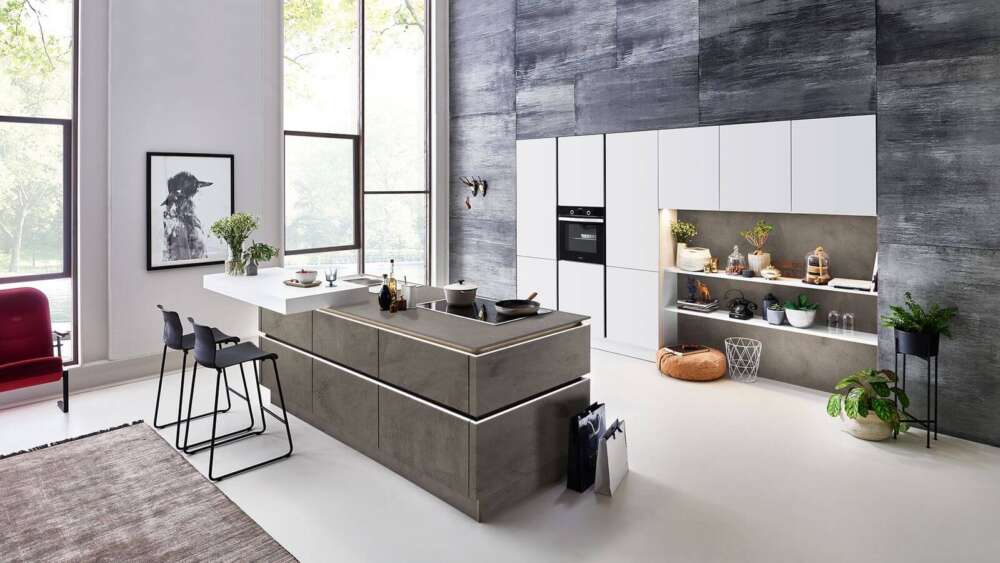 Nolte Design Inselküche soft Lack beton grifflos
