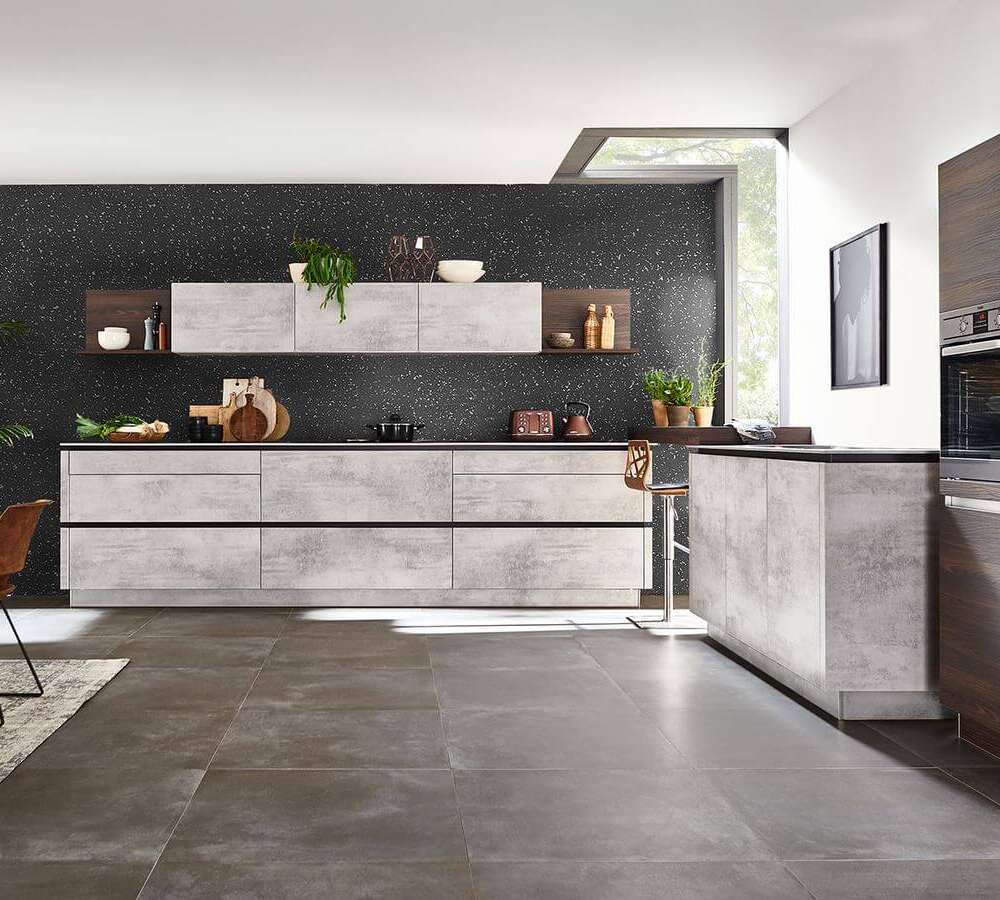 nolte Design Küchenzeile Stone Beton Nussbaum grifflos