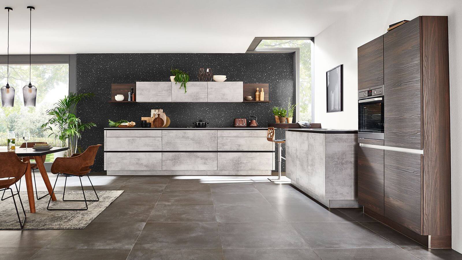 nolte Design Küchenzeile Stone Beton Nussbaum grifflos