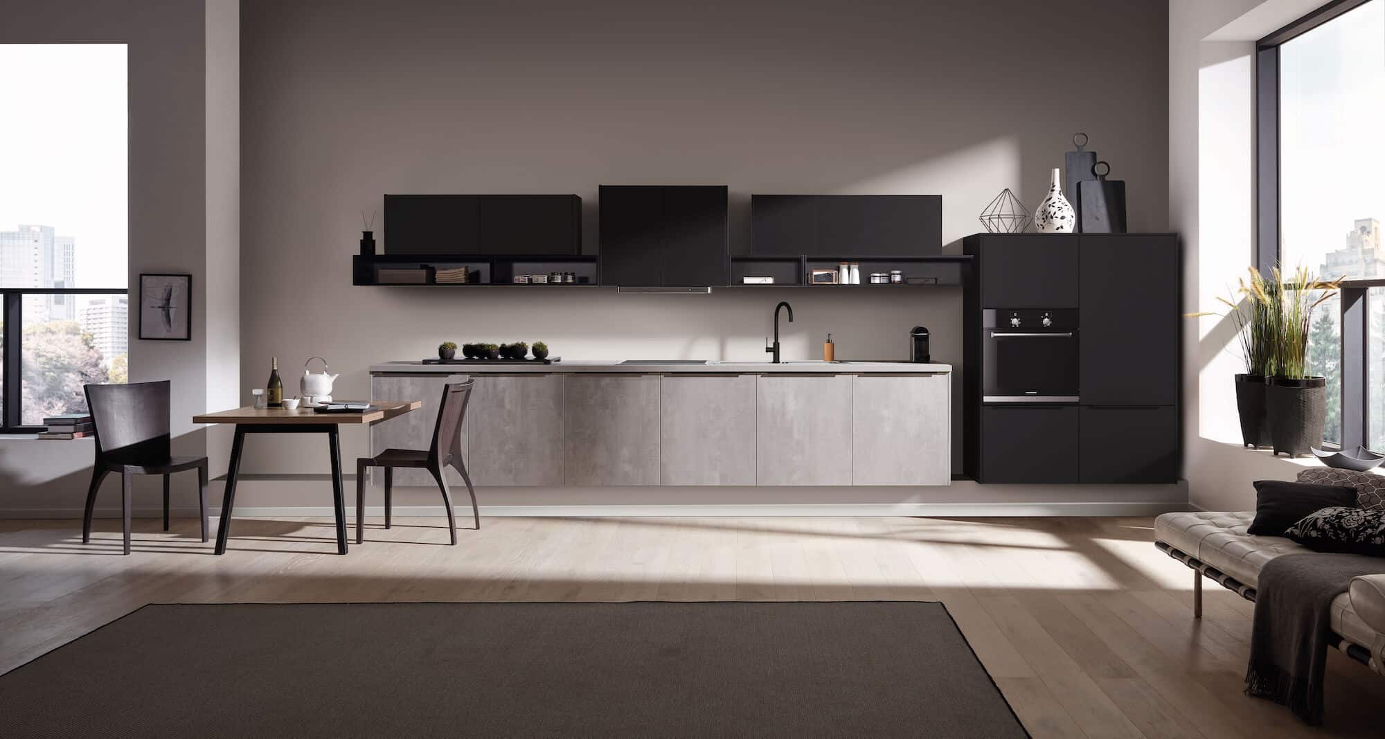 Häcker Küchenzeile modern schwarz grau mit Griffleisten Häcker Küchenzeile modern schwarz grau mit Griffleisten