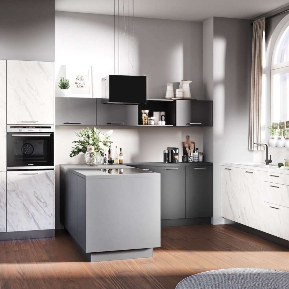 Häcker moderne L-Küche graphit weiß