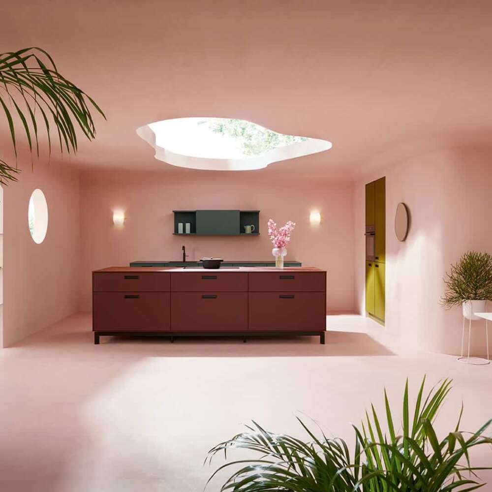 next125 Design Inselküche rot mit grüner Küchenzeile und Wandschrank