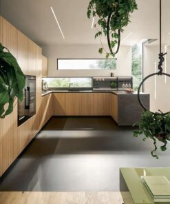 next125 Design U-Küche grifflos mit geriffelten Holzfronten