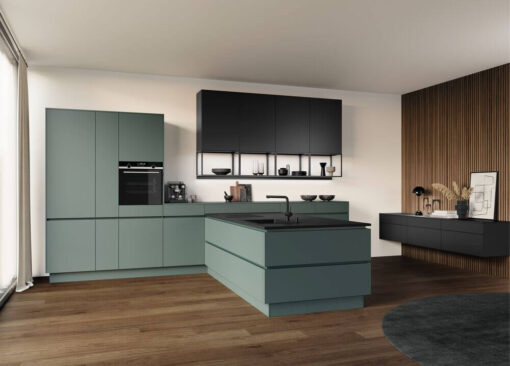 Häcker Design Küchenzeile Salbeigrün mit Halbinsel