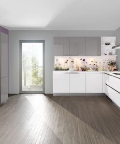Häcker Moderne L-Küche Weiß Hochglanz mit Hochschrank