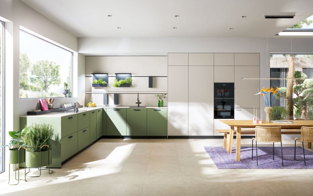 Next125 Moderne L-Küche Olivgrün Kieselgrau