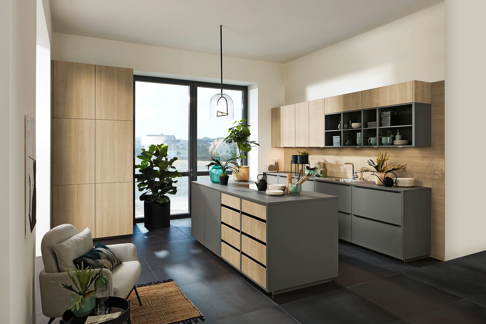 Nolte Inselküche modern quarzgrau Eichenoptik