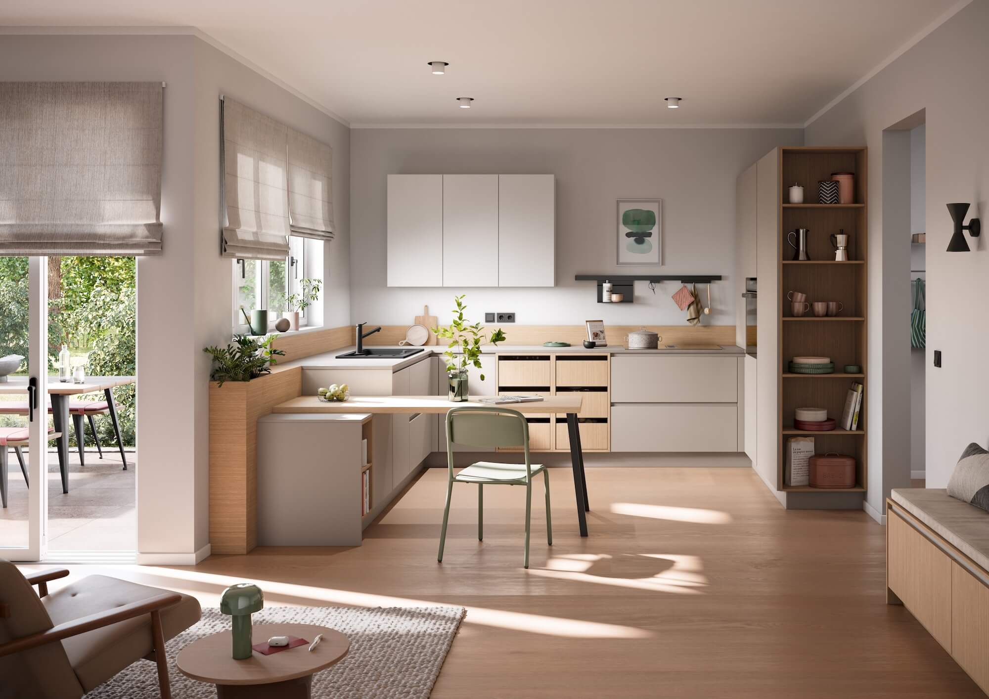 Häcker Moderne L-Küche Steinbeige Weiß