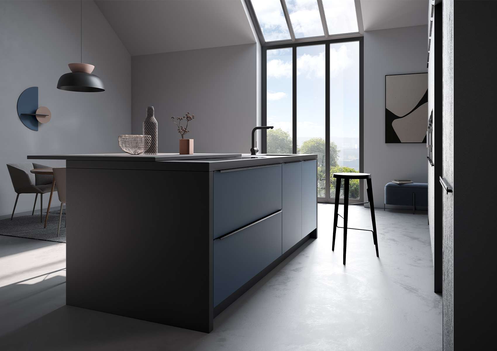 Häcker Inselküche Designstil Steinfurnier Black Star Blau