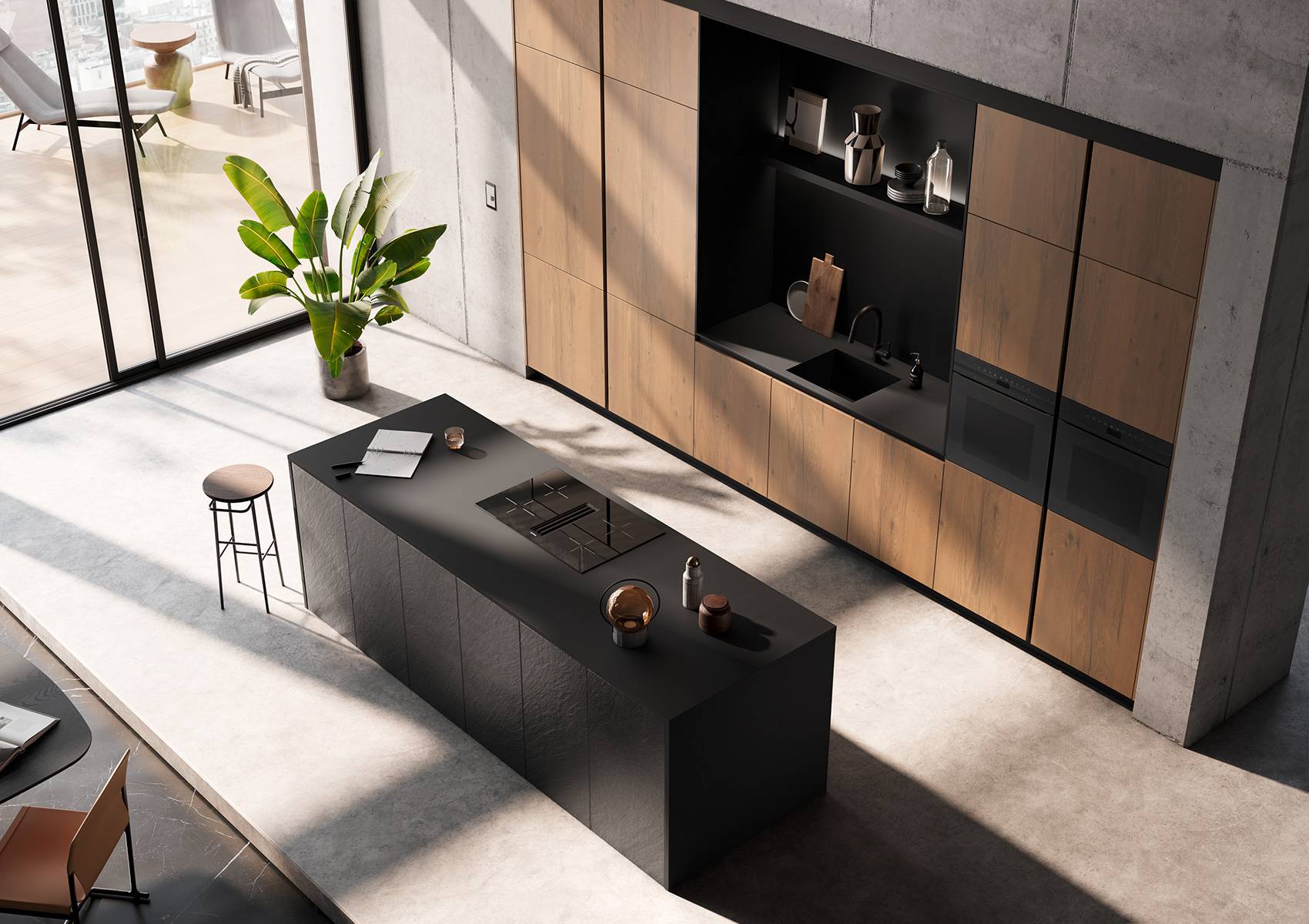 Häcker Inselküche Designstil Steinfurnier Black Star Wildeiche Vogelperspektive