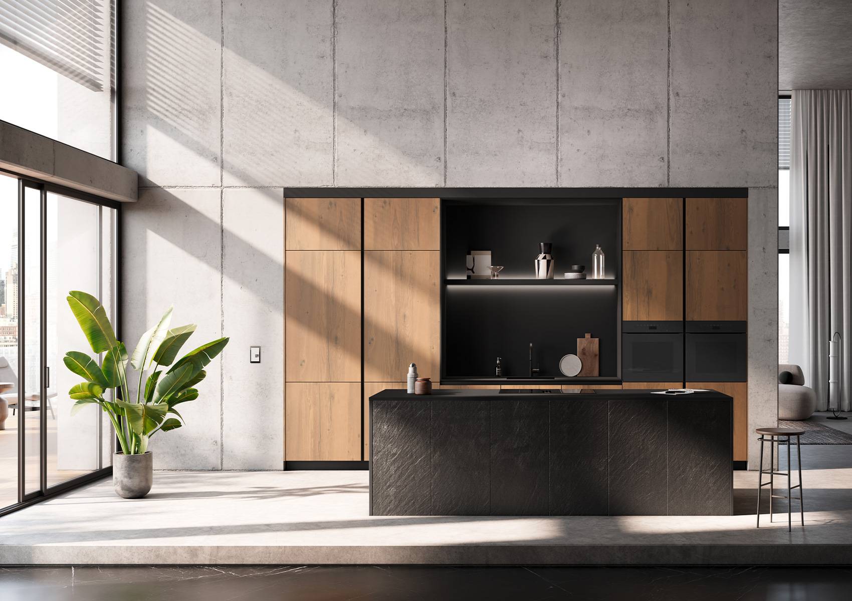 Häcker Inselküche Designstil Steinfurnier Black Star Wildeiche